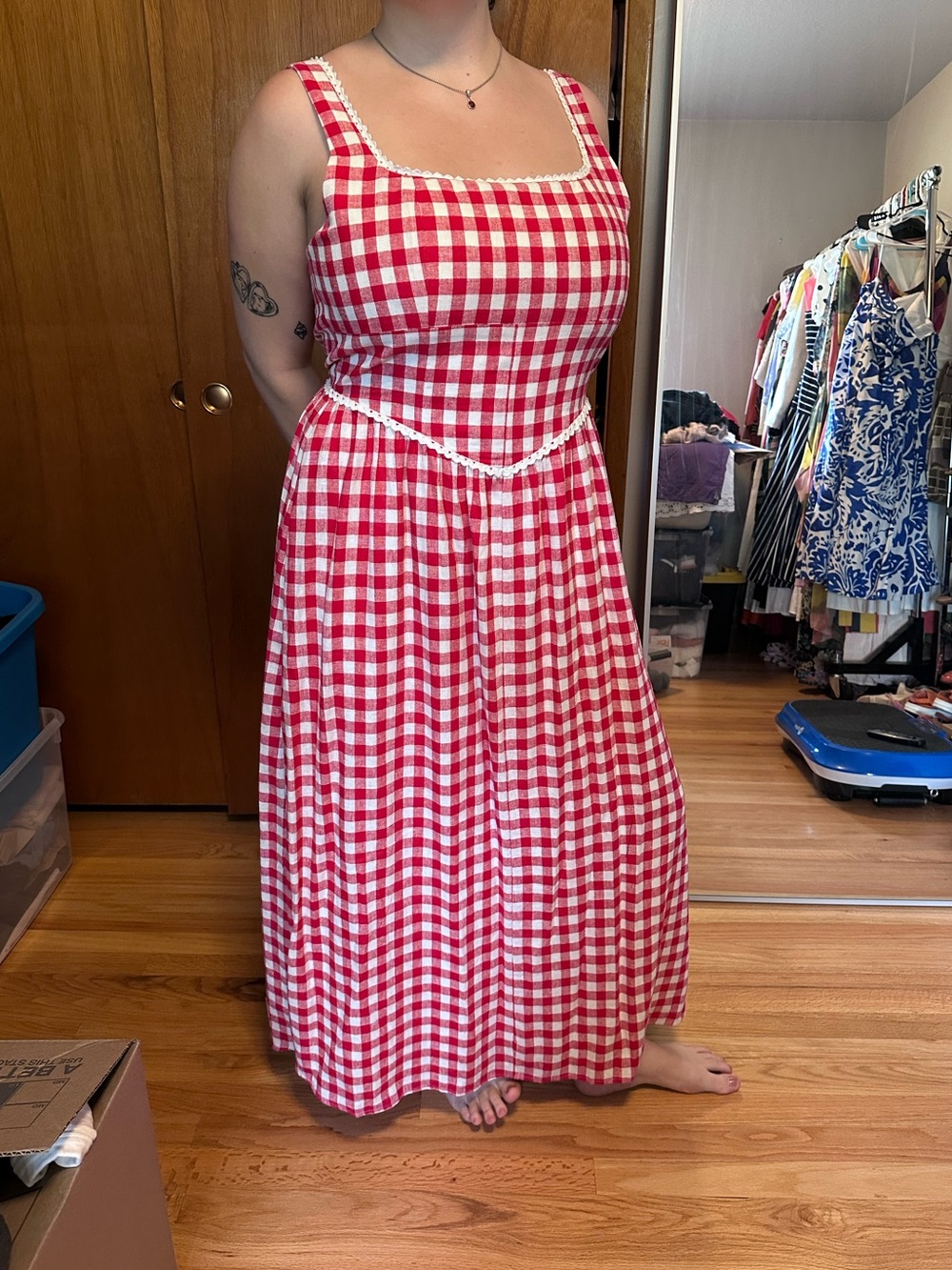 Red Gingham Square-Neck Maxi Dress - Sleeveless, size L - Picture 3 of 3